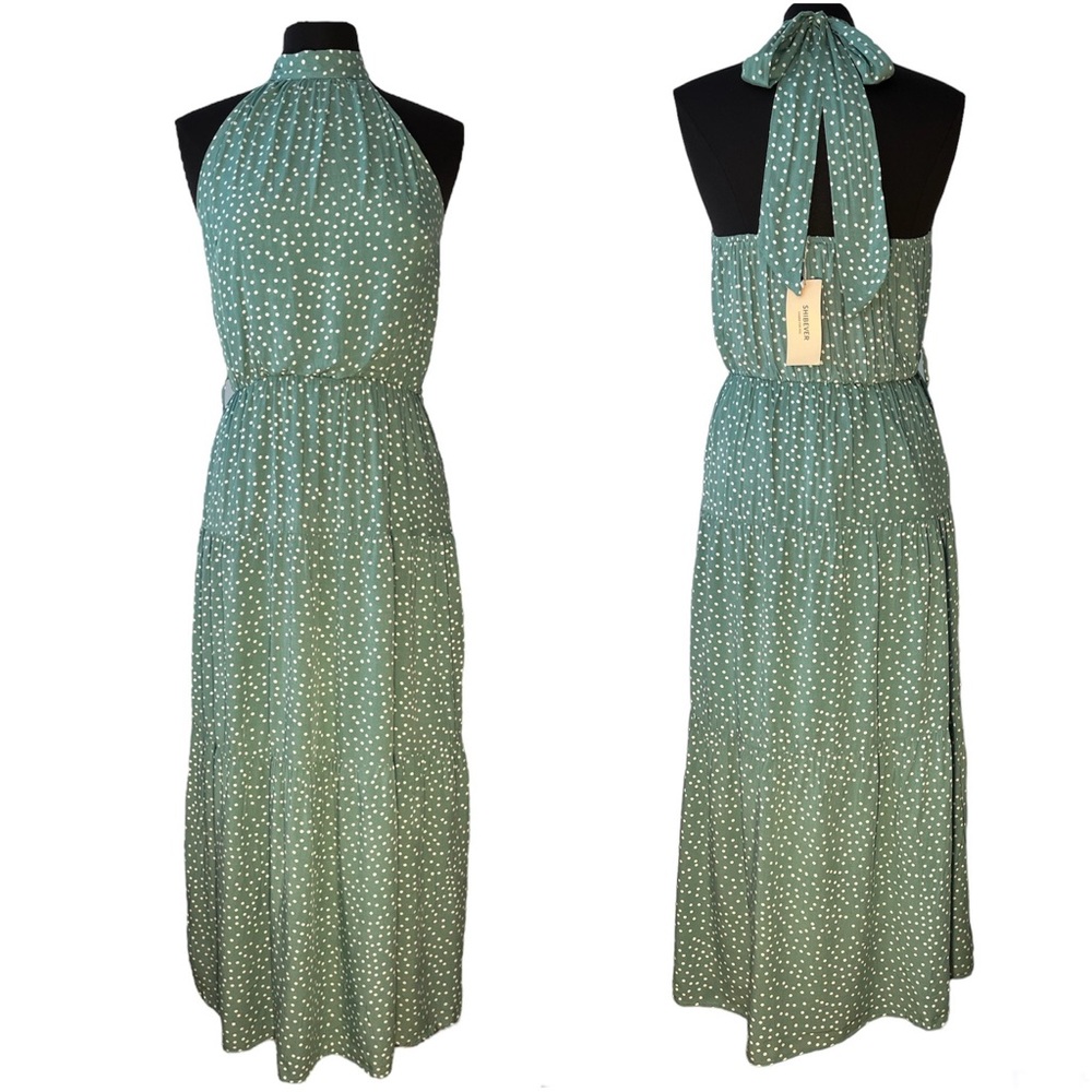 Elegant Green Polka Dot Midi Dress